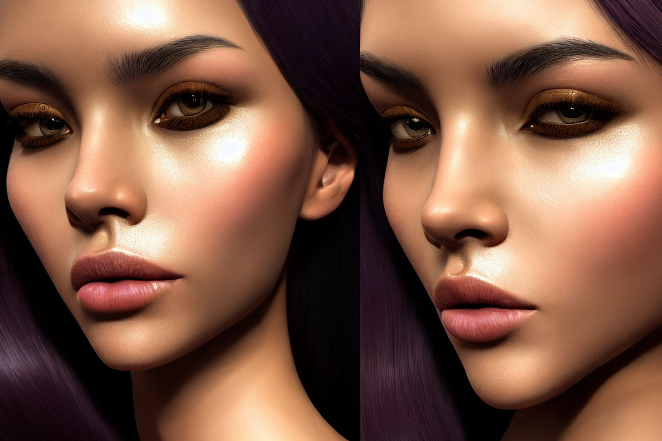 Close-up comparison of woman's face skin texture, makeup, and lighting variations