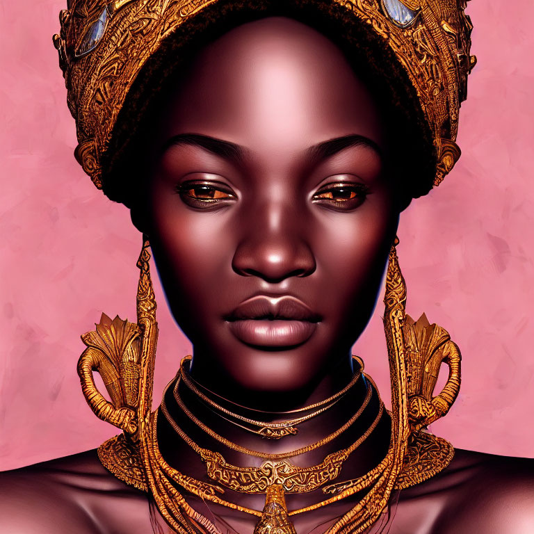 Dark-skinned woman with golden accessories on pink background