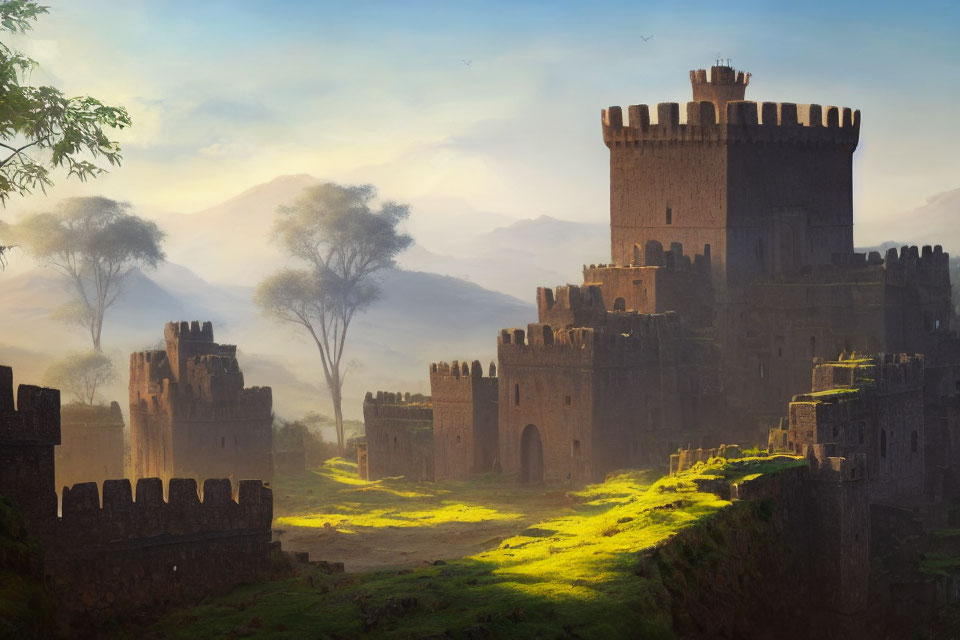 Stone castle in rolling hills at sunrise with warm sunlight and long shadows.