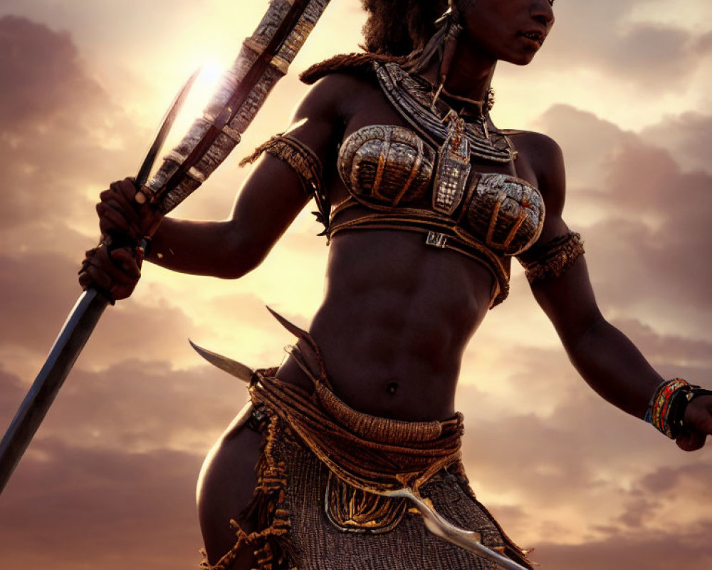 Warrior woman in tribal armor with spear against dramatic sunset sky