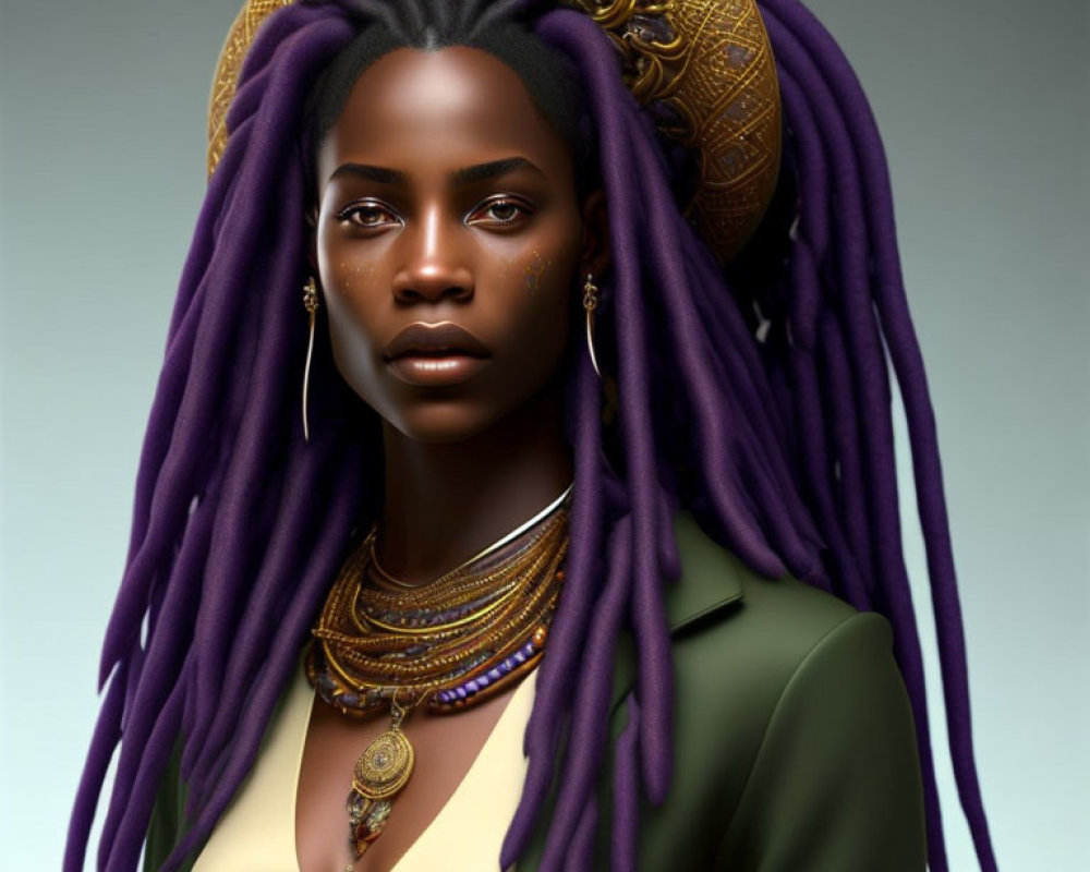 Regal woman with purple dreadlocks and golden headdress in 3D illustration