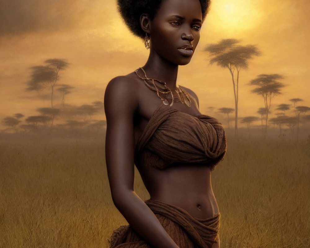 Confident person in savanna at sunset with gold jewelry and earth-toned fabrics