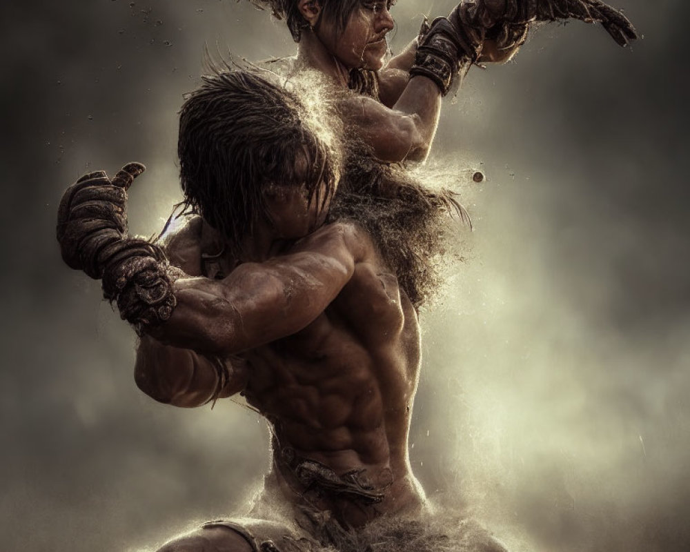 Muscular warriors in tribal attire fight in misty setting