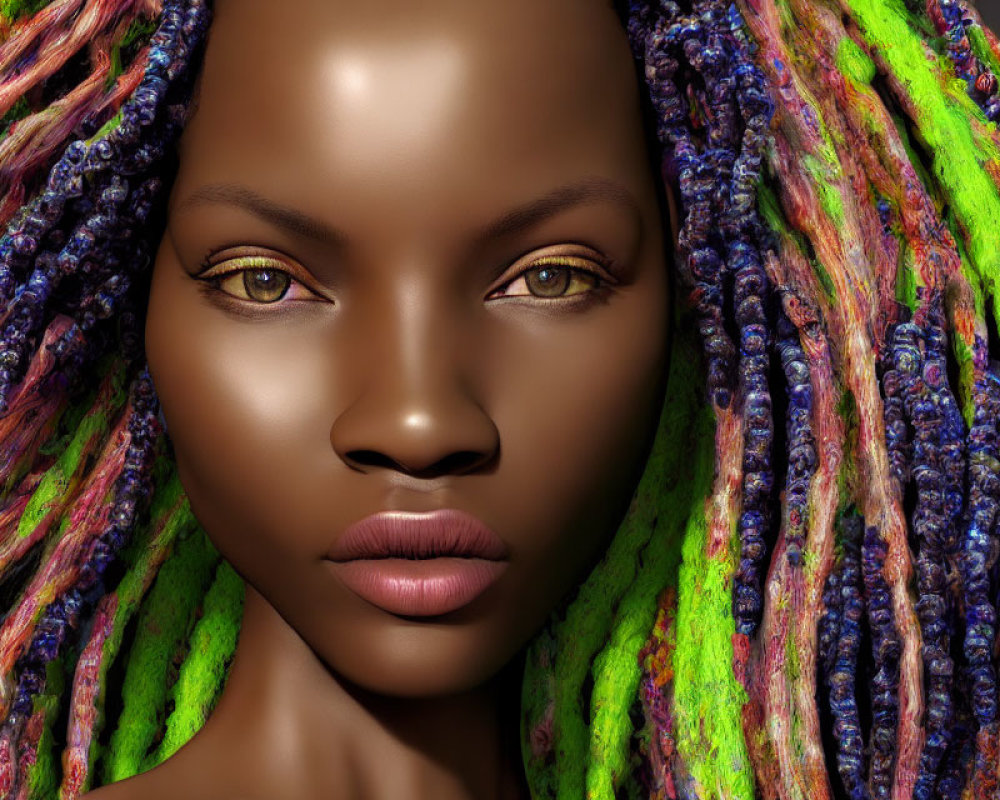 Close-up portrait of woman with golden eyes and colorful dreadlocks in green, blue, and red hues