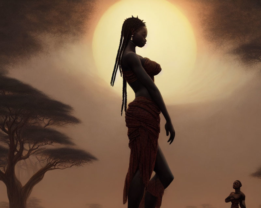 Silhouette of a person with braided hair in African savanna landscape