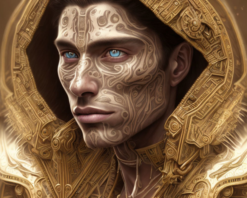 Digital artwork featuring person with golden skin patterns, blue eyes, and ornate hood.