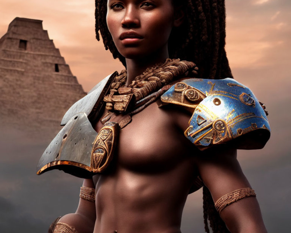 Warrior woman in tribal armor with golden patterns and pyramid backdrop