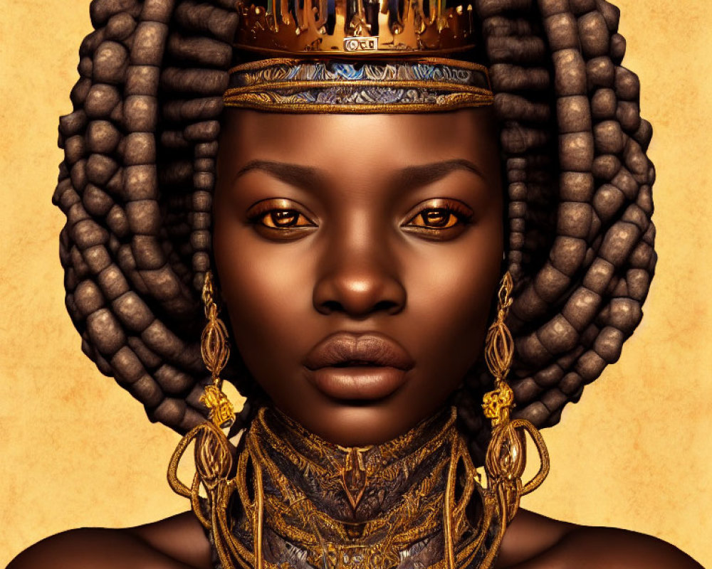 Regal woman with ornate crown and gold jewelry portrait.