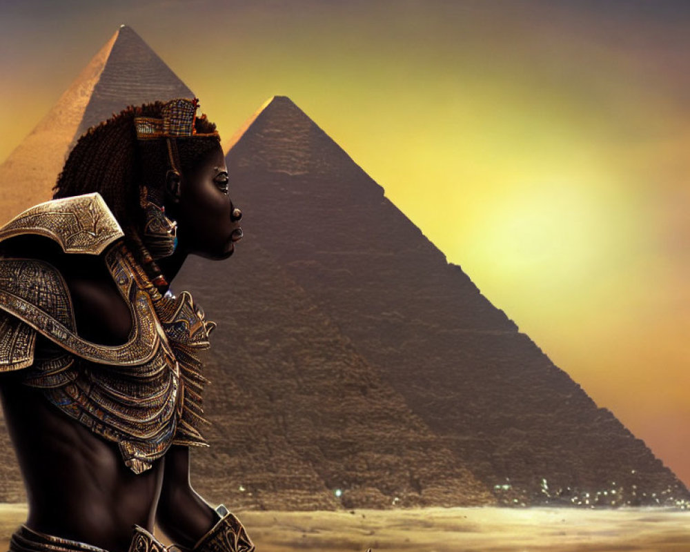 Traditional Egyptian Costume Woman with Pyramids at Sunset