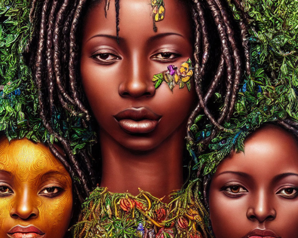 Vibrant portrait of three women with nature-inspired hair and golden skin