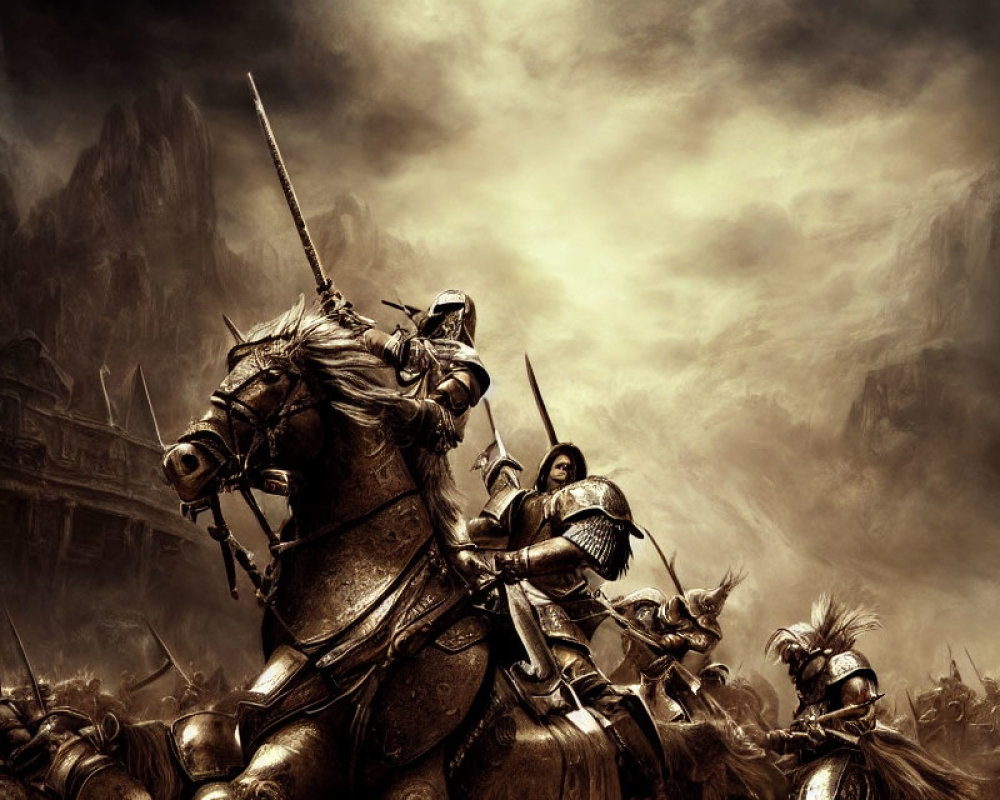 Monochromatic medieval knights on horseback in battle scene