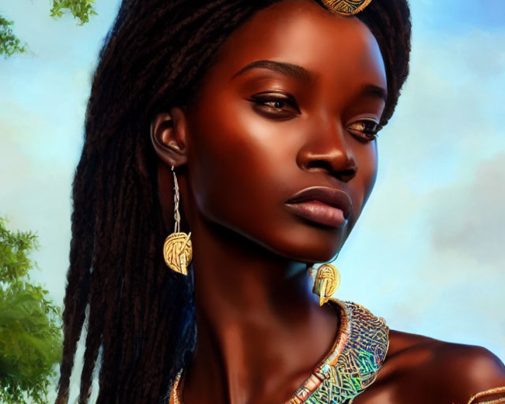 Illustrated portrait of a woman with braided hair and African-inspired jewelry under a soft sky