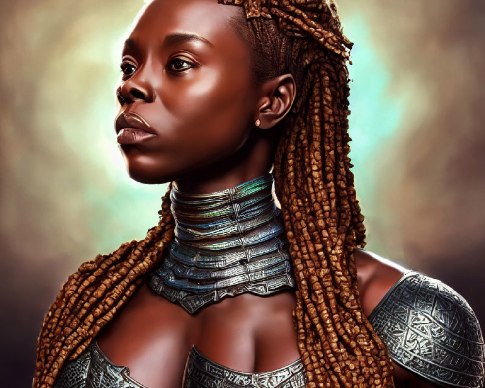 African-inspired digital artwork of a woman with braided hair and metallic jewelry