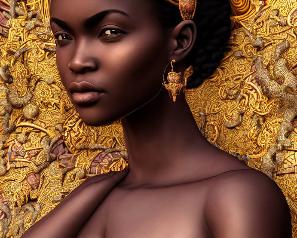 Portrait of Woman with Gold Earring on Ornate Golden Backdrop
