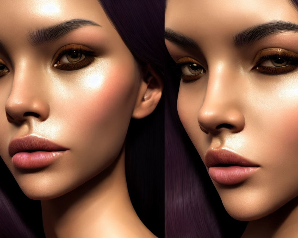 Close-up comparison of woman's face skin texture, makeup, and lighting variations