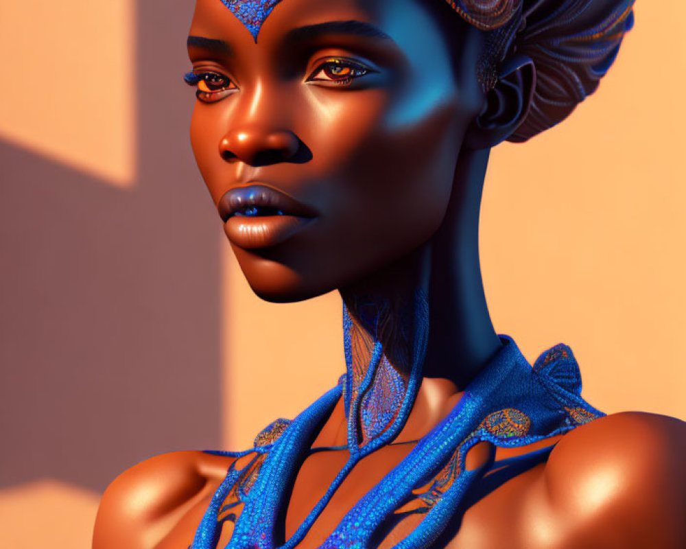 Detailed 3D digital art portrait of African woman with blue headpiece and jewelry