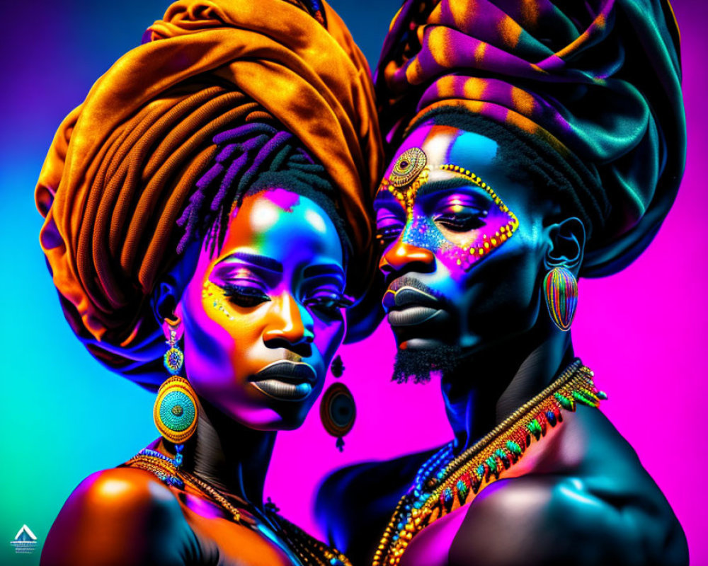 Vibrant Body Paint and Elaborate Headwraps on Two Individuals