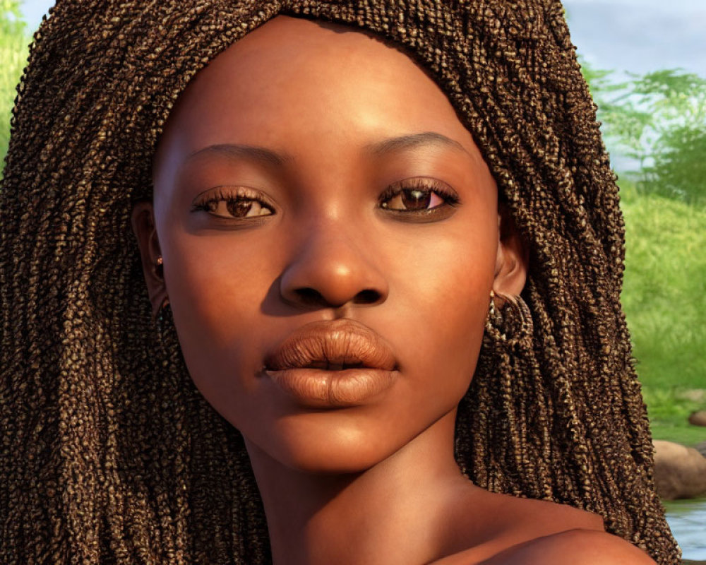 Detailed close-up of serene woman with braided hair in digital rendering