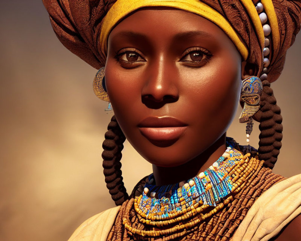 Dark-skinned woman in yellow headwrap with colorful beads and earrings against desert backdrop