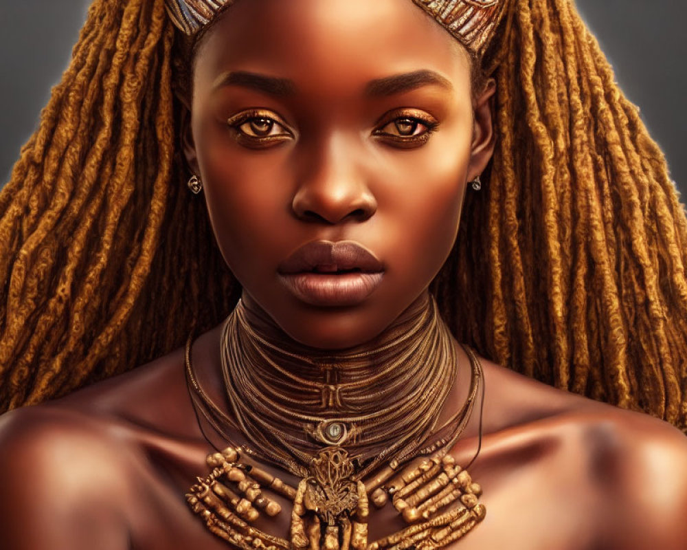 Digital portrait of woman with long braided hair and intricate jewelry in warm brown tones