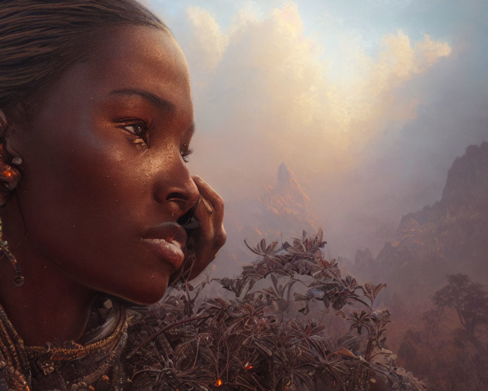 Dark-skinned woman with intricate earrings gazing at mountains and clouds