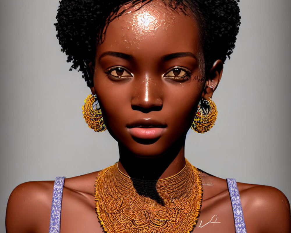 Detailed digital portrait of a woman with textured skin, golden jewelry, on neutral background