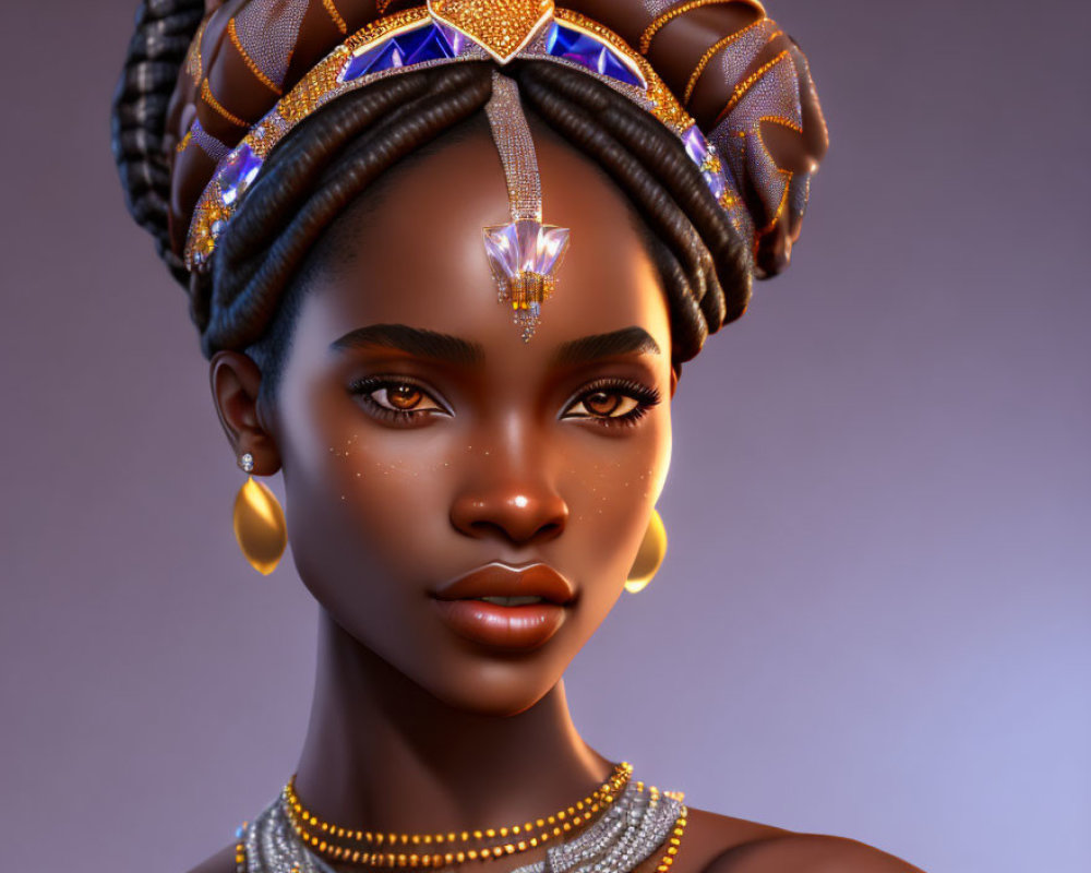 3D-rendered image of woman with braided hair and gold jewelry