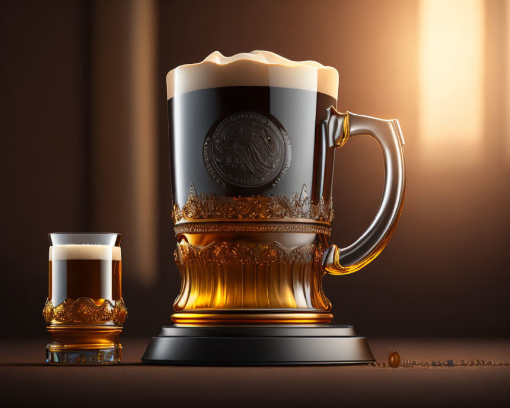 Ornate Beer Stein and Glass with Beer in Warm Light