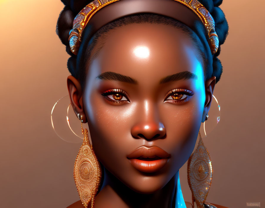 Detailed close-up portrait of woman with glowing skin, intricate earrings, and traditional head wrap against warm background