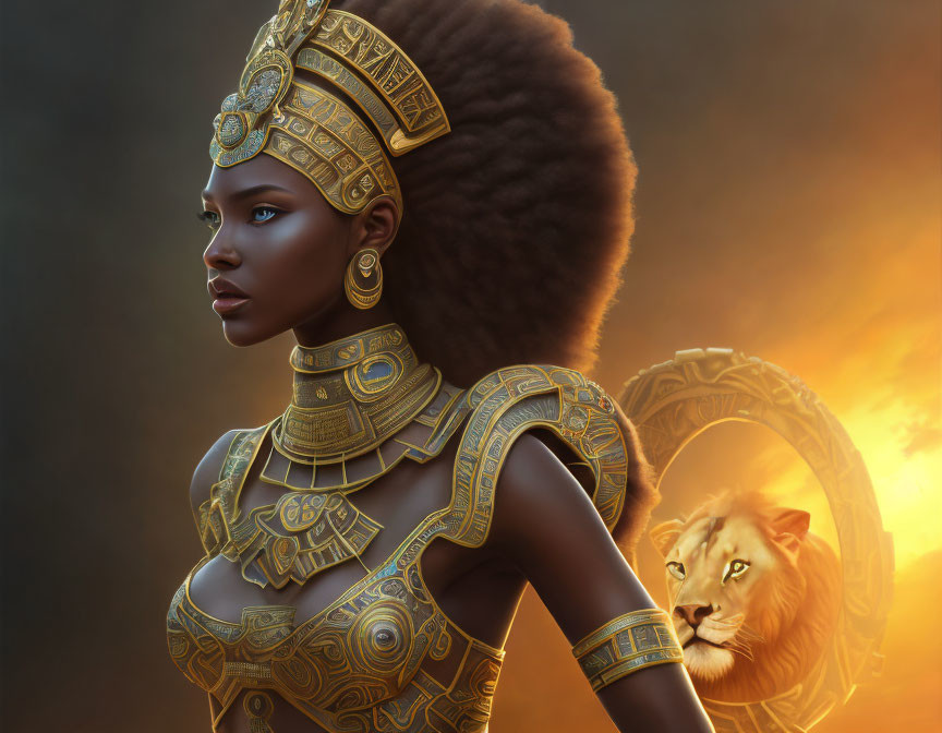 Regal woman in golden armor with lion companion