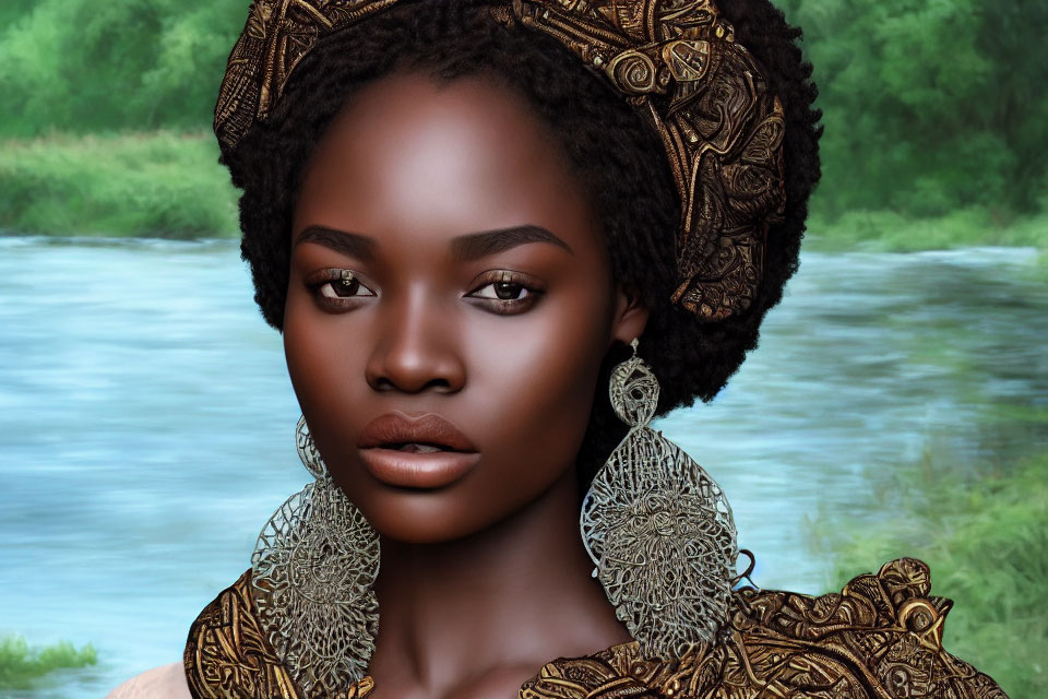 Digital artwork of woman with intricate golden headwear and earrings by river