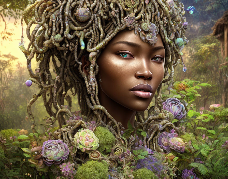 Digital artwork of woman with forest-like hair in enchanted woodland.