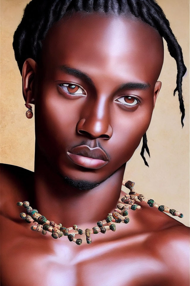 Intense man with dreadlocks and beaded necklace on warm background