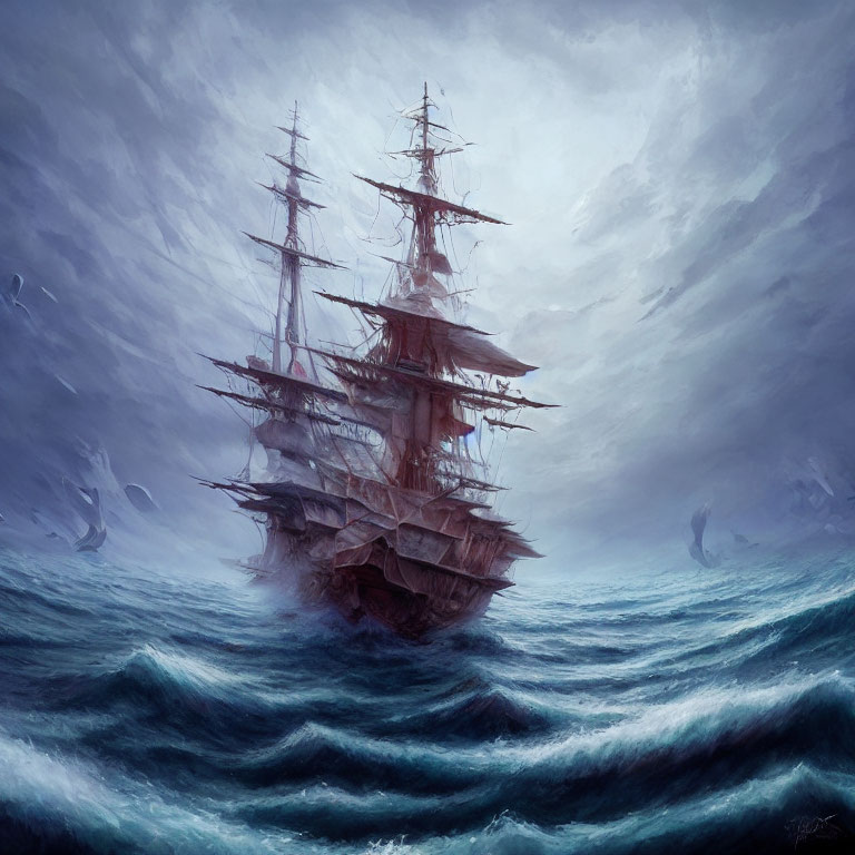 Old ship with tall masts navigating stormy sea under cloudy sky