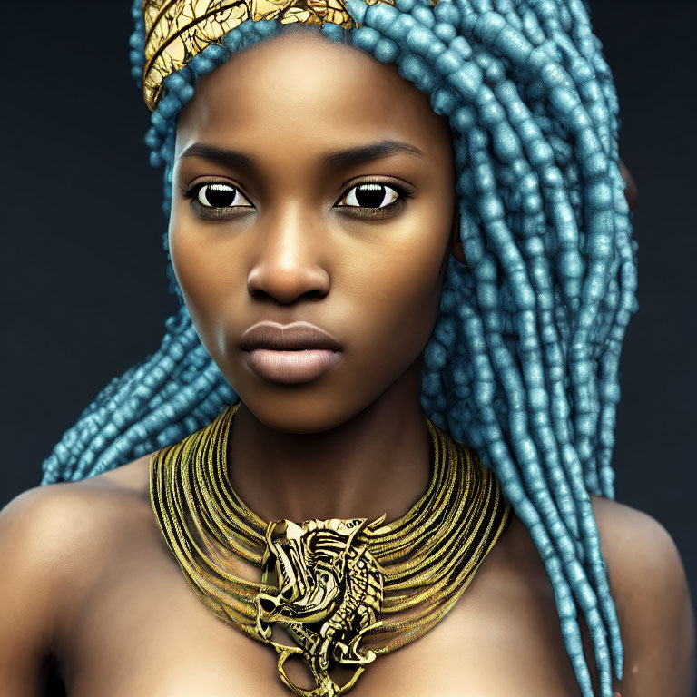 Portrait of woman with striking eyes, blue braids, headwrap, and ornate necklace