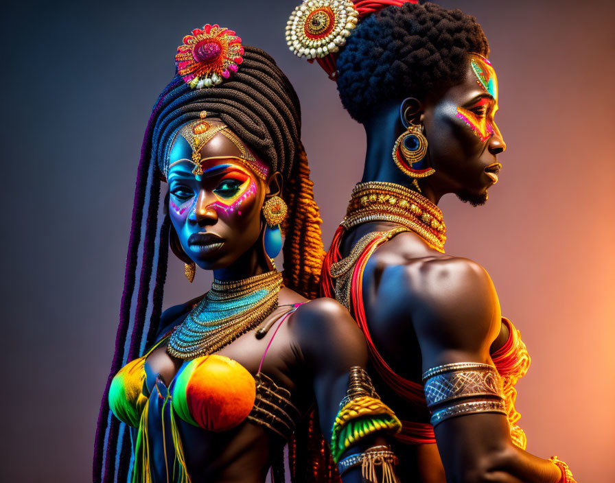 Two individuals in vibrant tribal body paint and accessories against gradient background.