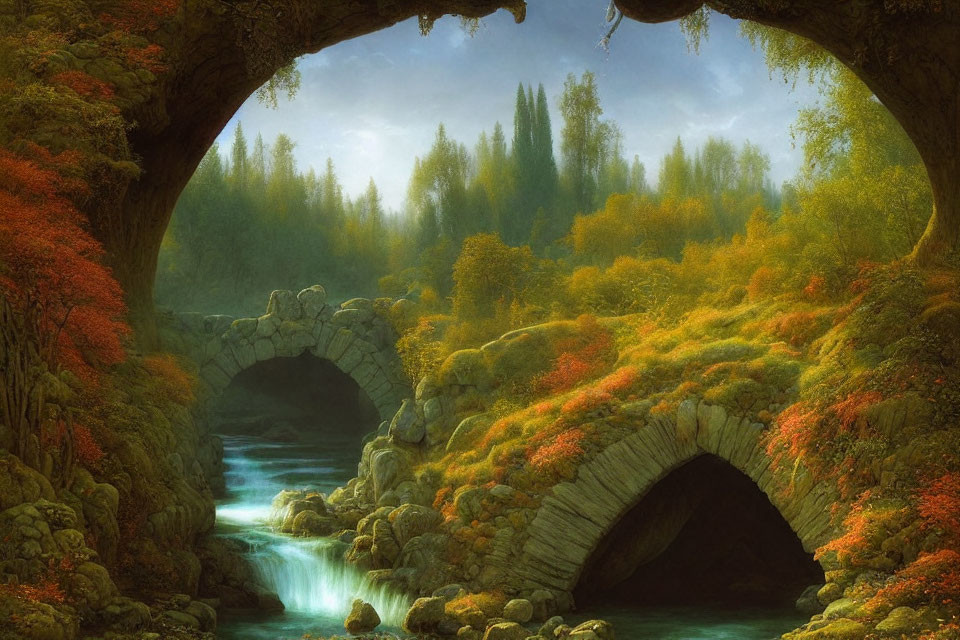 Tranquil autumn landscape with twin stone bridges over stream