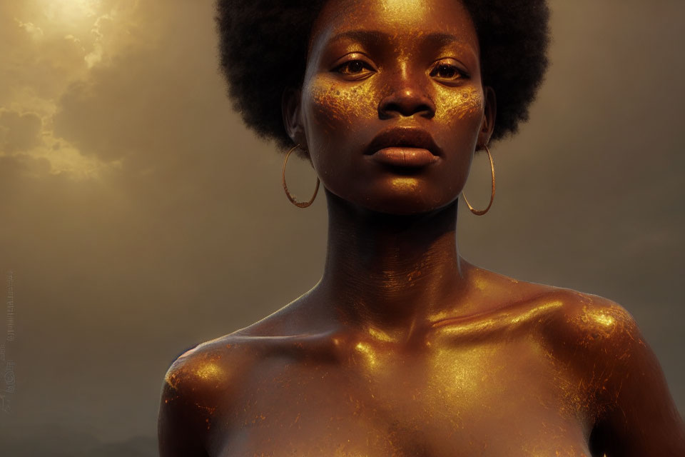 Portrait of woman with golden skin, hoop earrings, natural afro, against moody backdrop