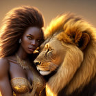 Digital Artwork of Woman and Lion with Flowing Manes on Golden Background