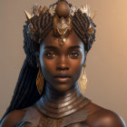 Digital artwork: Woman with braided hair, jeweled crown, earrings, and shoulder armor