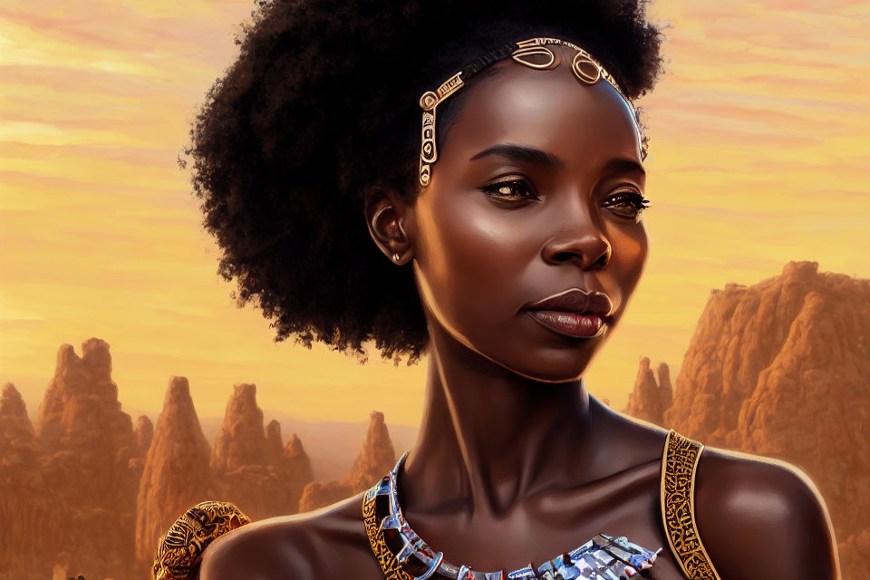 Digital portrait of woman with dark skin and afro, wearing traditional jewelry, against golden cliffs.