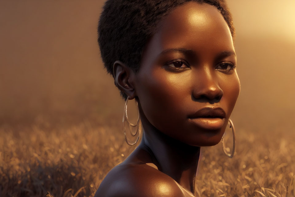 Woman with Short Hair and Hoop Earrings in Golden-Lit Portrait