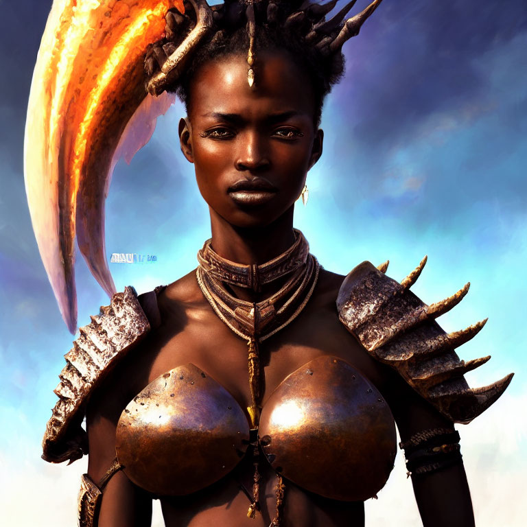 Digital artwork of woman with tribal appearance wearing metallic shoulder armor and headdress under blue sky