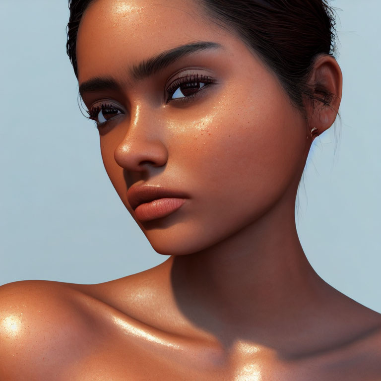 Digital portrait of woman with tanned skin and glistening highlighter