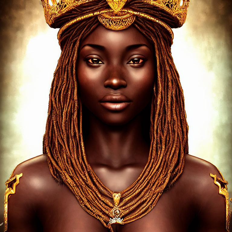 Regal woman adorned with gold jewelry and braided hair on warm background