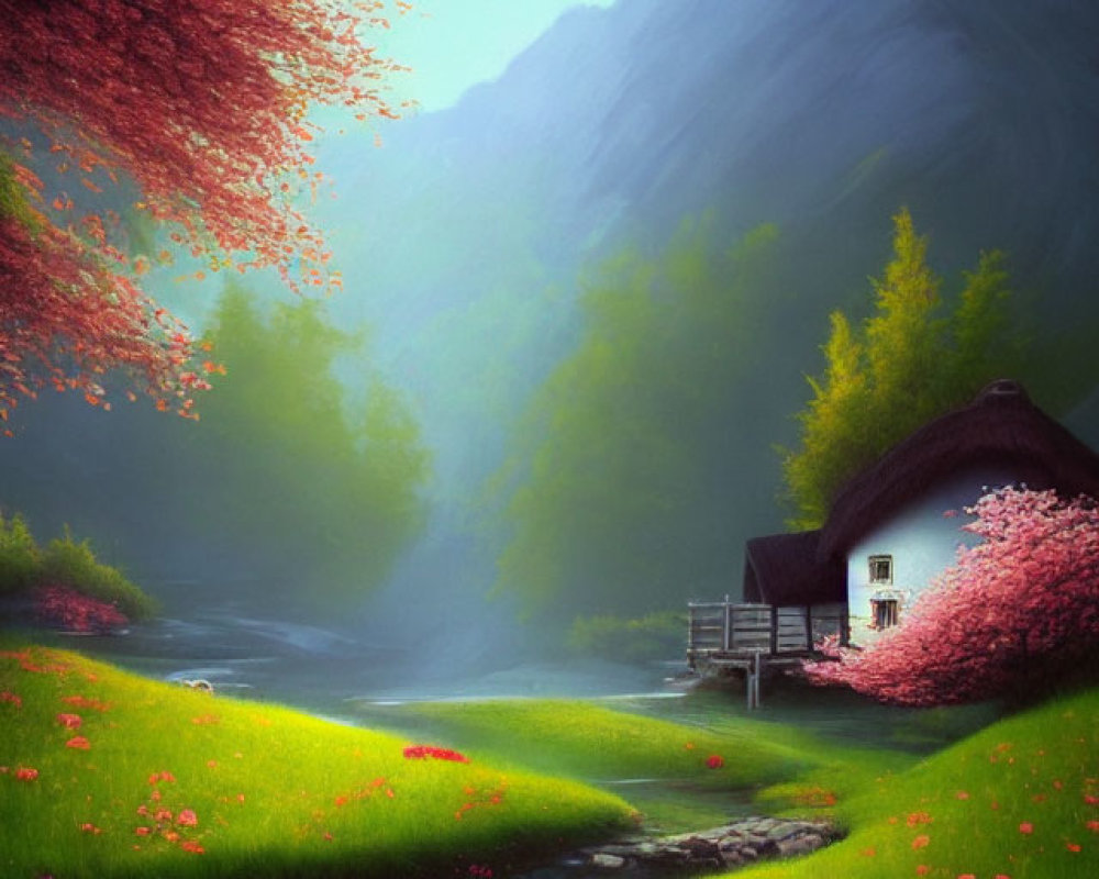 Tranquil landscape: cottage by stream, lush greenery, blooming trees, misty mountains