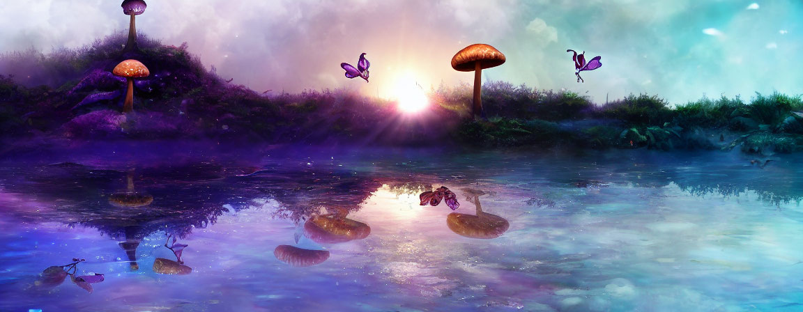 Glowing mushrooms and butterflies in serene dusk landscape