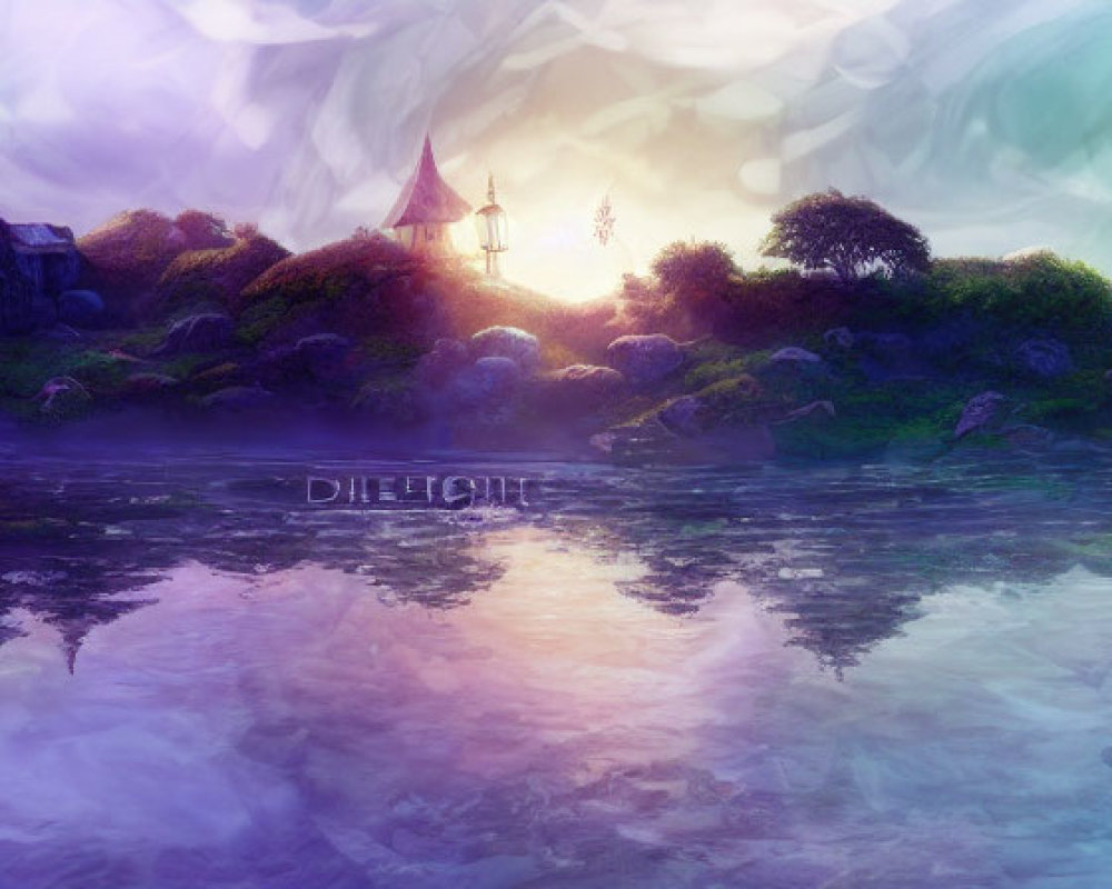 Whimsical fantasy landscape with castle and serene lake at twilight