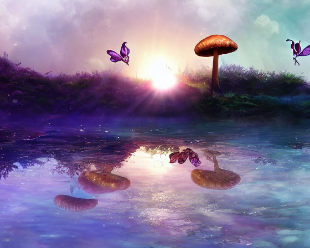 Glowing mushrooms and butterflies in serene dusk landscape