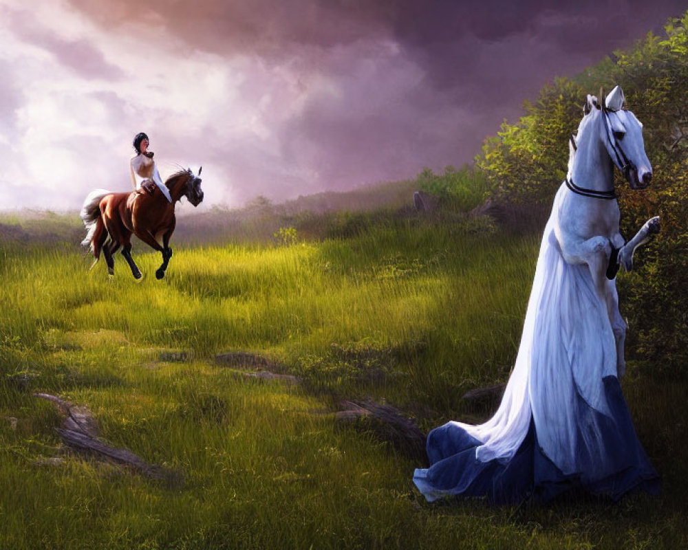 Equestrian artwork: Rider on horse meets surreal gown-clad horse under dramatic sky